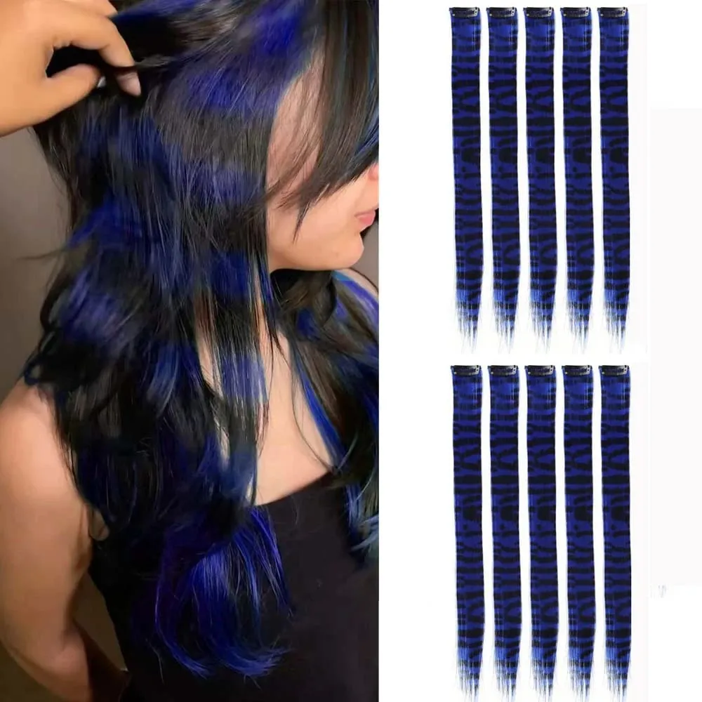 10pcs/set Stripe Printed Hair Colorful Long Straight Hair Pieces Synthetic Clip-in Hair Extensions for Daily Use Party Christmas