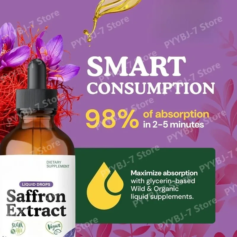 Organic Saffron Liquid Extract Drops Plant Based Herbal Supplement Vegan、sugar & Alcohol Free 60ml Daily Health Supplements