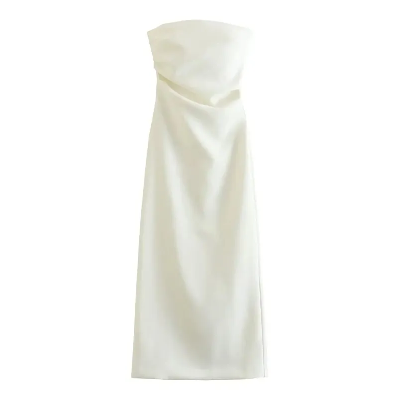 Women Fashion Summer New Sexy Split Back Zip Pleated Sleeveless Strapless Dress Chic Female French Elegant Evening