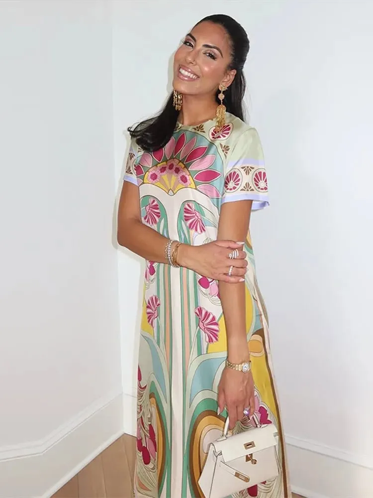Chic Printed Women's Dress O-Neck Short Sleeve Loose Feather Patchwork Women'S Long Dresses 2026 Summer Female Vacation Robe