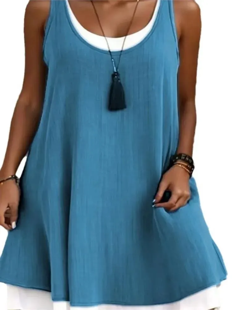 Summmer Women's Solid Dress Casual Sleeveless Fake Two Piece Loose Dresses Female O Neck Office Holiday Beach Party Dress New — image 5