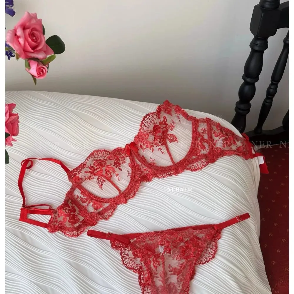 Sexy Transparent Lace Bra French Embroidery Thin Push‑Up Gather Bra For Men Crossdresser Sheer Lingerie Underwear