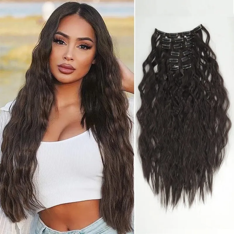 24 Inches 16 Clip Black Natural Daily Long Curly Hair Extensions Seven-Piece Set For Women