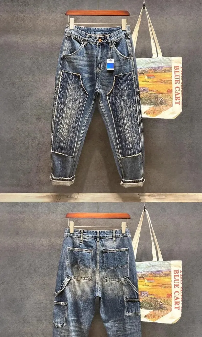 Original Luxury Brands Clothing Punk Handsome Design Trendy Brand Pants Men's Loose Straight Sticker Splicing Logging Work Jeans