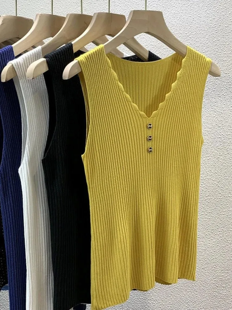 Ice Silk Knit Cami Top Women V Neck Sleeveless Slim Fit Elegant Tank Top Summer Outerwear Blazer Inner Layering Fashion Vest