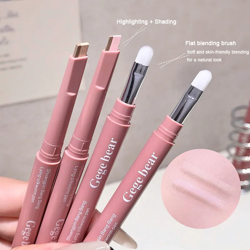 Pensil Ulat Sutera Dua Hujung Berbaring 2 dalam 1 Penyerlah Bogel Kontur Kelopak Mata Bawah Kontur Celak Aegyo-sal Batang Solek dengan Berus Perincian