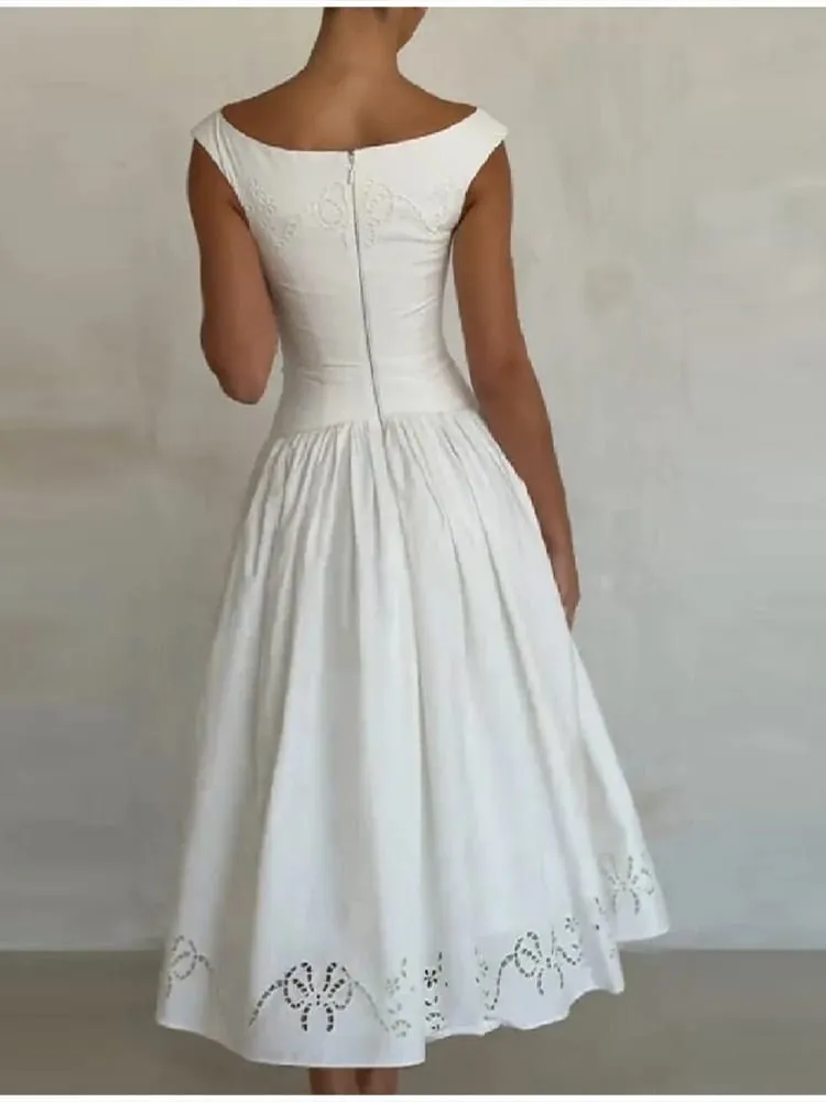 Chic Vintage White Boat Neck Dress Embroidered Cap Sleeve Cutwork Hem High Waist Flowy A-line Gown 2026 New Evening Party Outfit