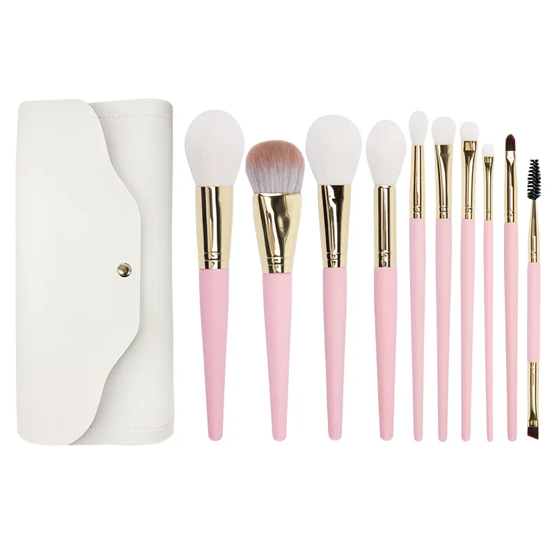 10pcs Pink Makeup Brushes Eyeshadow Brush Blush Liquid Foundation BB Cream Brushes Goat Hair Make Up Brushes Bag Cosmetic Tools