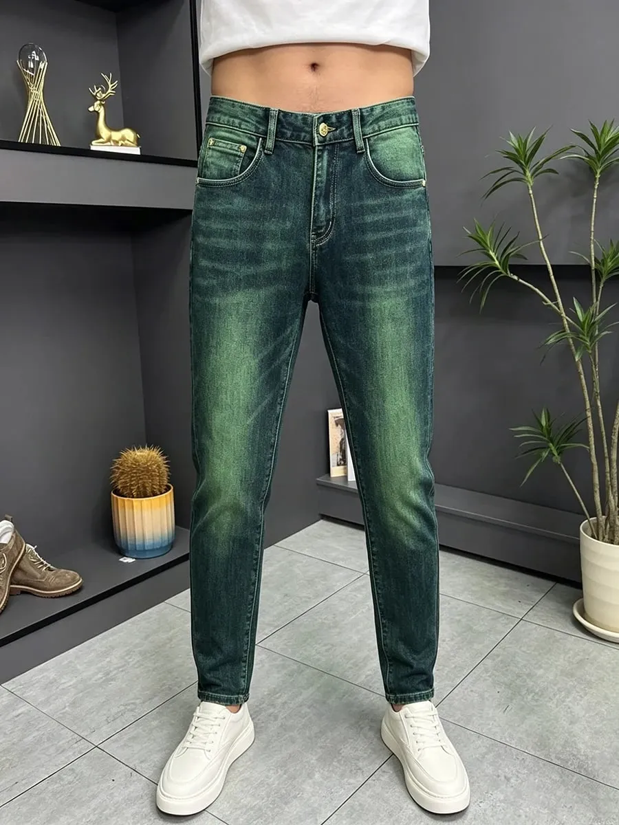 Men's Green Water Ghost Jeans Slim Fit Small Feet High Quality Gradient Color Daily Casual Youth Suitable for All Seasons