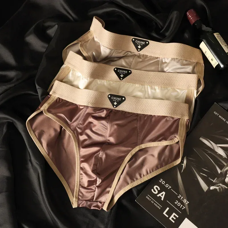1/3PCS Men's Briefs Ice Silk Satin-like Briefs Men's Underpants Summer Breathable Quick Drying Panties Sexy U Pouch Underwear