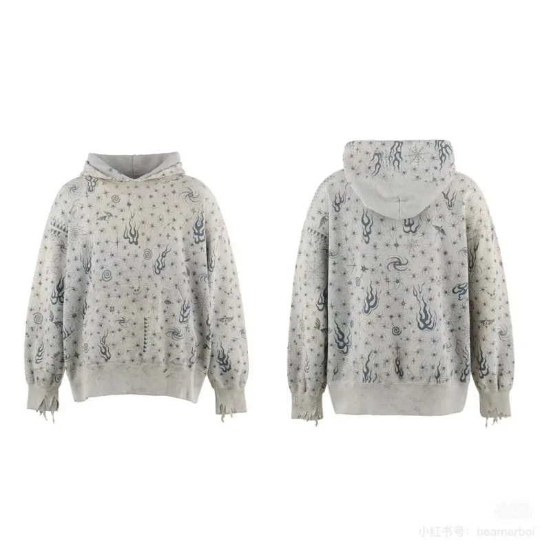 26FW SAINT x Ber B J Co-brand Big Logo Printed Women Men Washed Hooded Sweatshirt Hoodies Vintage Distressed Men Casual Hoodie