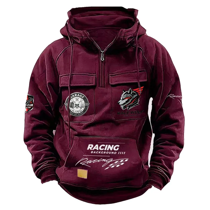 Men's Racing Suit With Large Pockets And Hooded Pullover. Men's Multi-pocket Outdoor Camping Hiking Sports Casual Jacket.