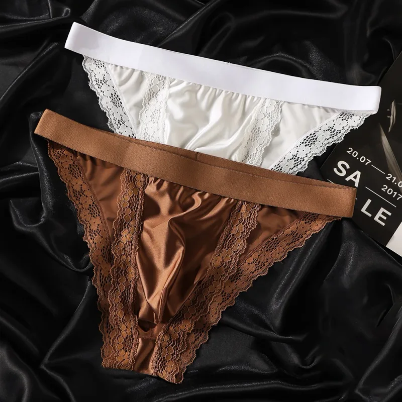 Satin-like Comfortable Men Panties Lace Trim Briefs Sexy High Fork Bikinis Underwear Breathable Low Waist Pouch