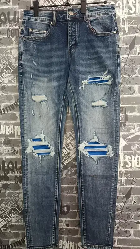 Fashionable New Men's Retro Blue Jeans With Pleated Elastic Perforated Blue Leather Patch Tight Tapered Pants Y2K