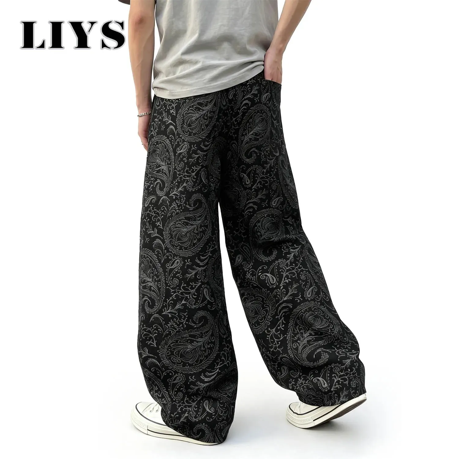 Men's American Trendy Brand Dark Cashew Flower Full Print Jeans Loose Oversize High Street Loose Straight Tube Casual