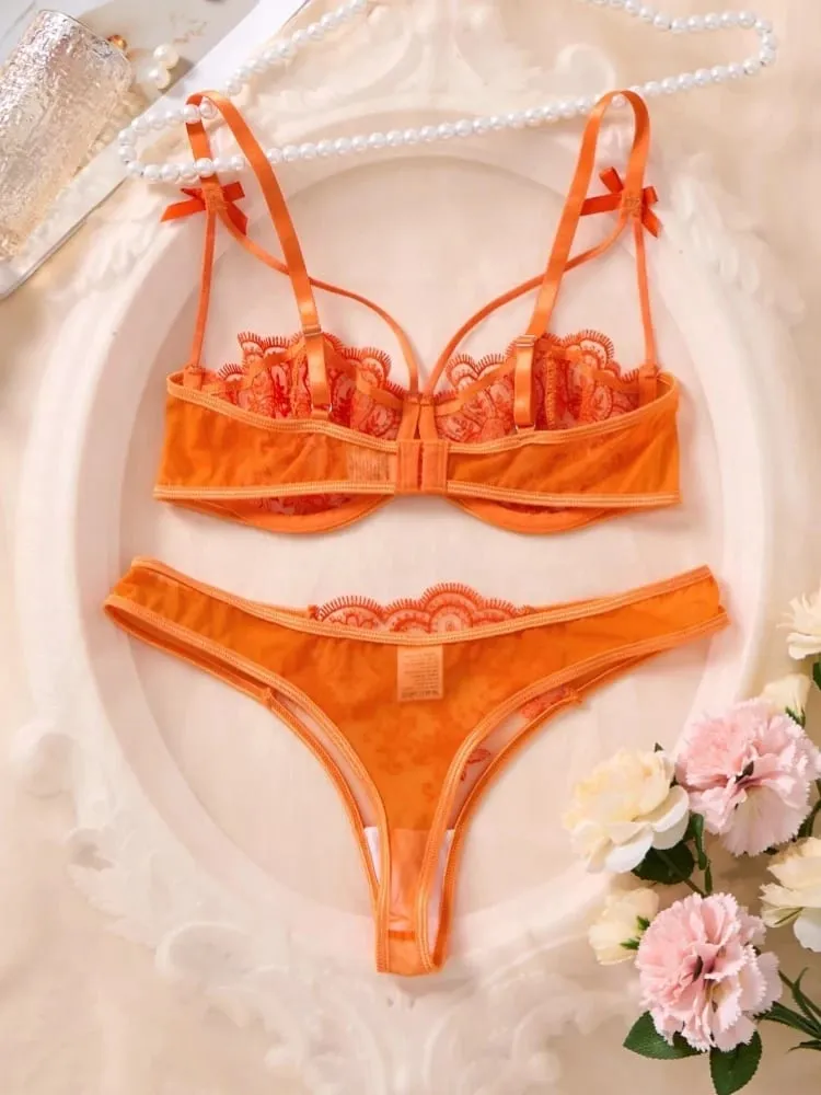 Sexy Orange Lace Lingerie Set Women Push Up Bra and Panty Set Butterfly Bow Underwear Female Intimates Sleepwear