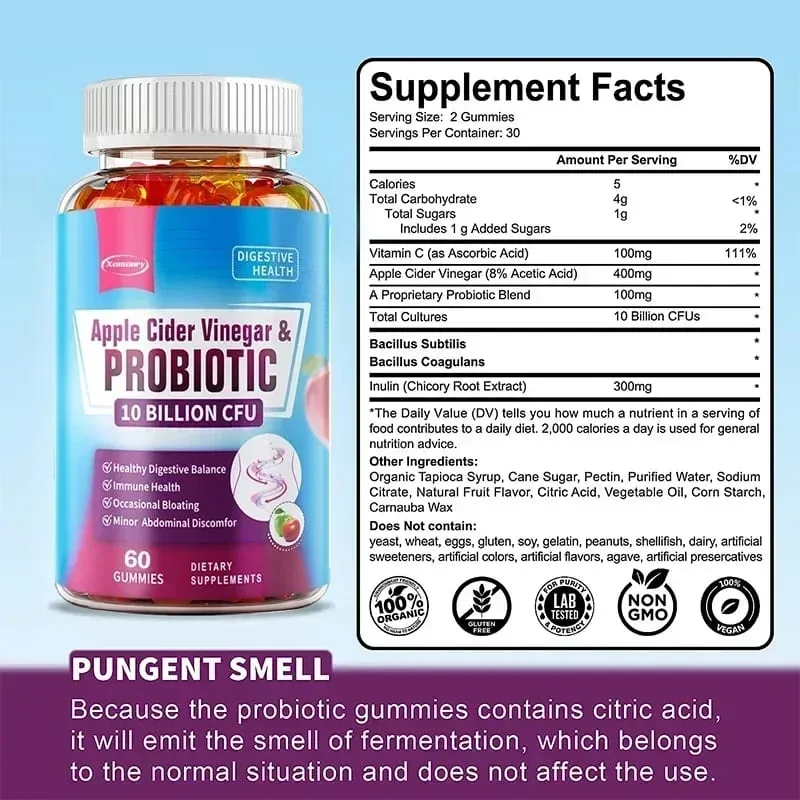 Probiotic Gummies - Contains Apple Cider Vinegar Which Aids Digestion Boosts Immunity and Relieves Constipation and Bloating