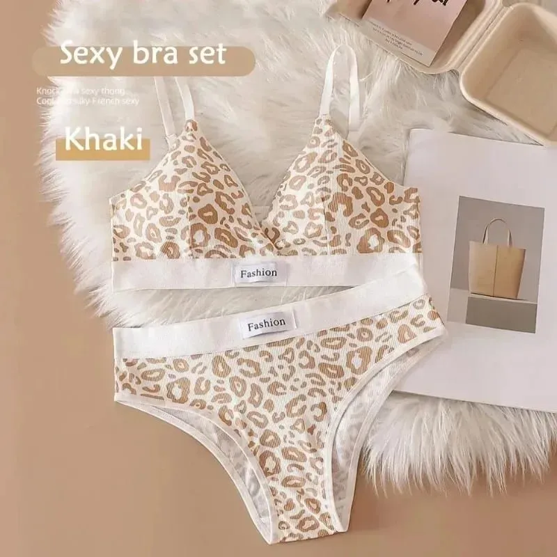 Women Seamless Bra Set Sexy Lingerie Low Waist Panties Leopard Bralette Set Vneck Sport Brassiere Female Cotton Underwear Set