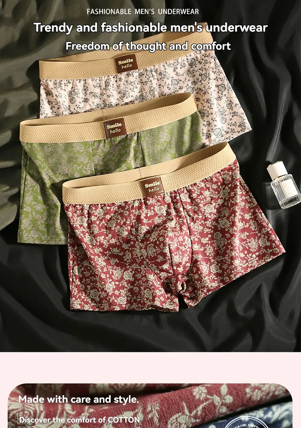 3PCS/Pack Romantic Rose Print Men's Panties Cotton Soft Comfortable Breathable Boxer Homme 3D Large Space Pouch Men Underwear — image 2