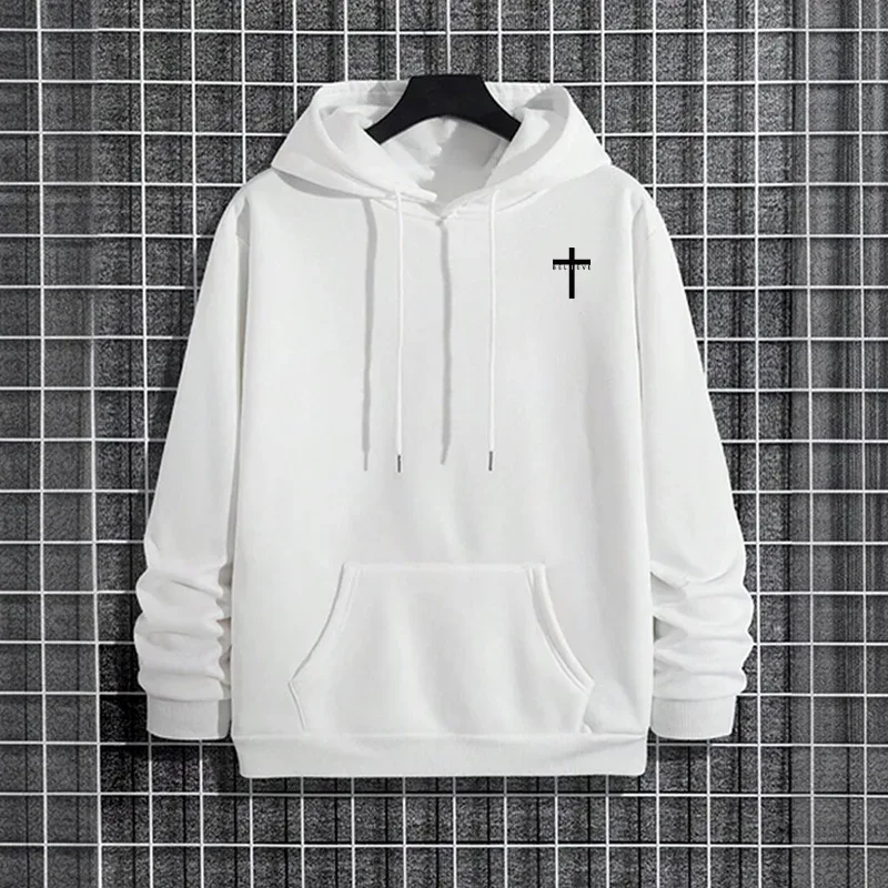 Mens Urban Hoodie 2025 High Quality Solid Color Long Sleeve Sweatshirt Casual Sporty Hooded Outerwear Jesus Cross Print Pullover — image 8