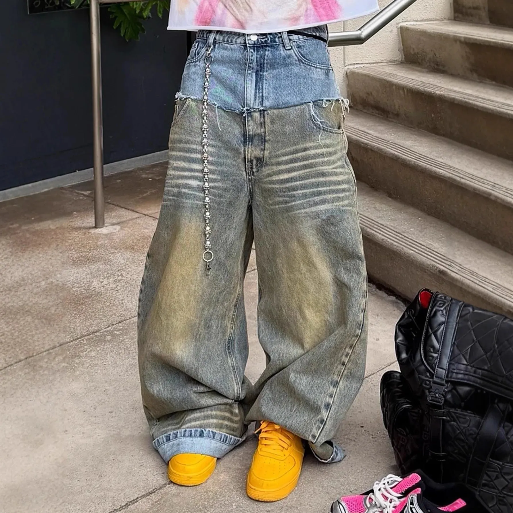 Men's Loose Spliced Casual Daily Trendy Wide Leg Denim Trousers European American New Fashion Male Jeans Pants Bottom Clothes — image 2