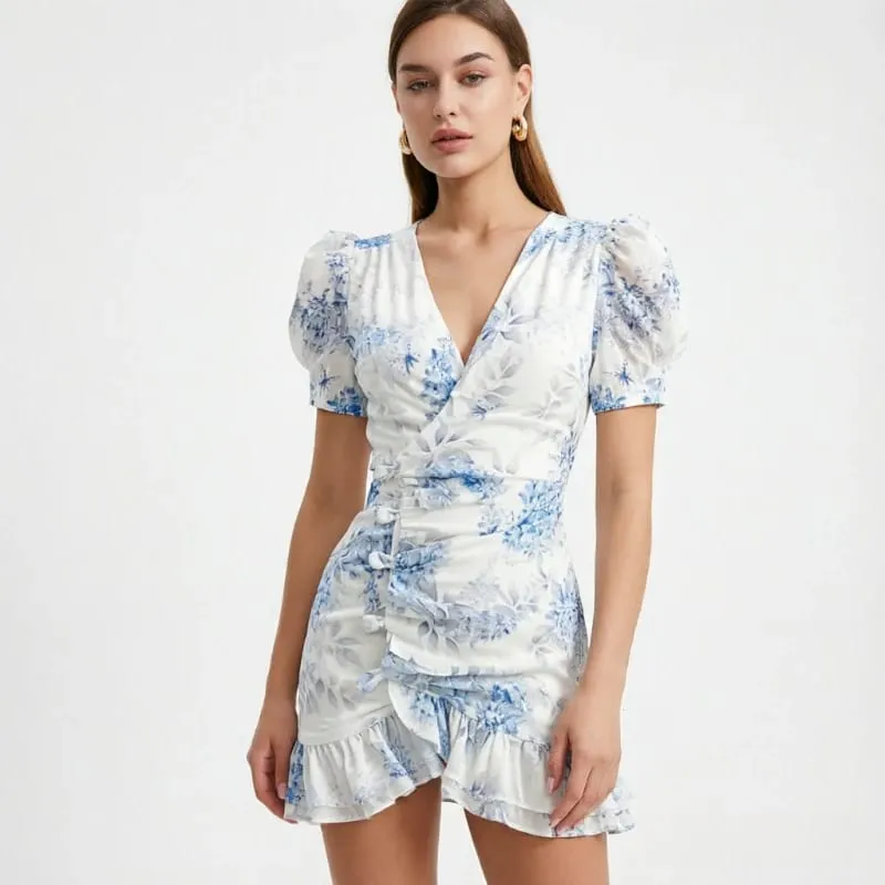 Women Sexy Flora Painted Ruffle Slim Dress Chic Deep V-neck Double Layered Ruffled Hem Dresses Lady New Daily Party Gowns