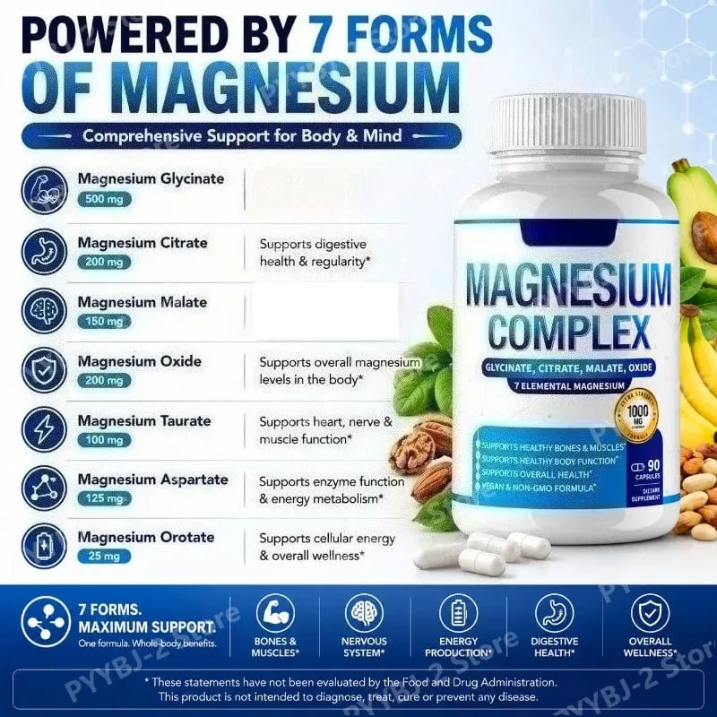 Suplemento complejo de magnesio, 90 unidades con 7 formas de glicinato de magnesio, citrato, malato, orotato, taurato, soporte mineral diario