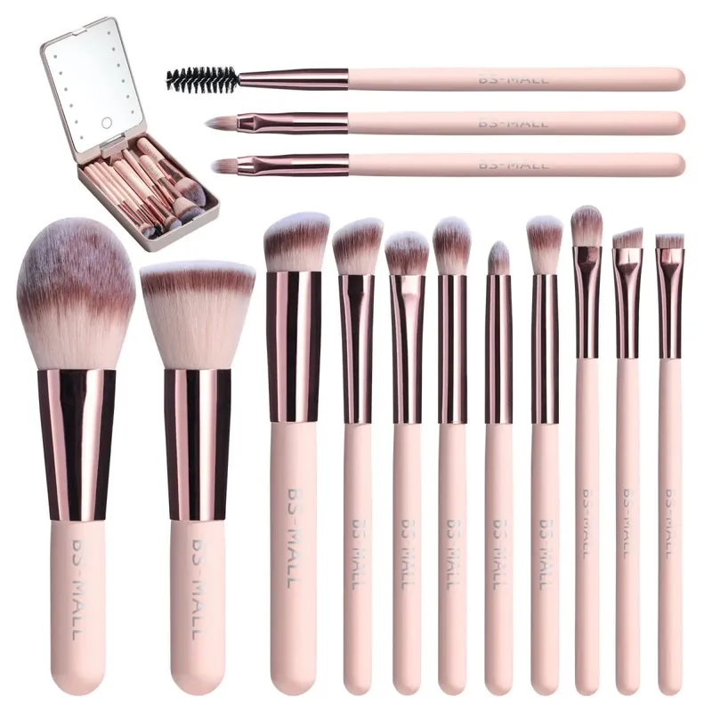 14-teiliges Make-up-Pinsel-Set mit beleuchtetem Spiegel, tragbares Make-up-Pinsel-Set mit kurzem Griff und LED-Licht, wiederaufladbar über USB
