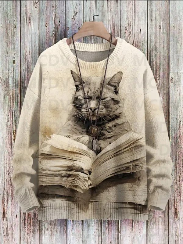 Corak Seni Burung Bunga Kucing Hitam yang comel Cetak Sweater Pullover Bersatu Kasual Sweater Klasik Pullover Lelaki Untuk Wanita