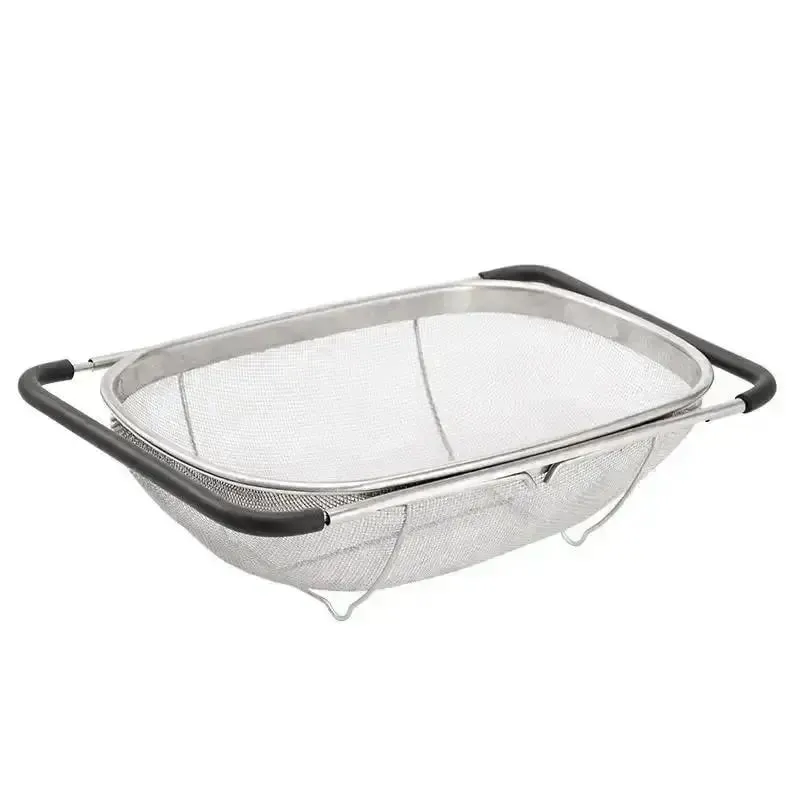 Retractable Drain Basket Rubber Grip Handles Oval Colander Sink Vegetables Draining Rack Home Storage Basket Stainless Steel