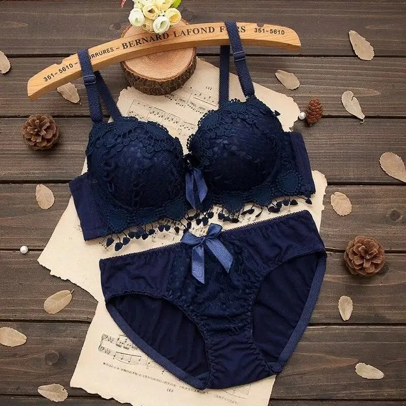 Women Lingerie Set Underwire Tassel Lace Push‑Up Bra With Removable Pads Bow Soft Multi‑Color Comfort Ladies Intimate Underwear — image 2