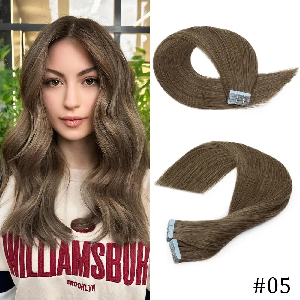 20pcs Women Natural Tape in Human Hair Extensions Remy Hair Adhesive Invisible Skin Weft Hair Straight Human Hair Extensions