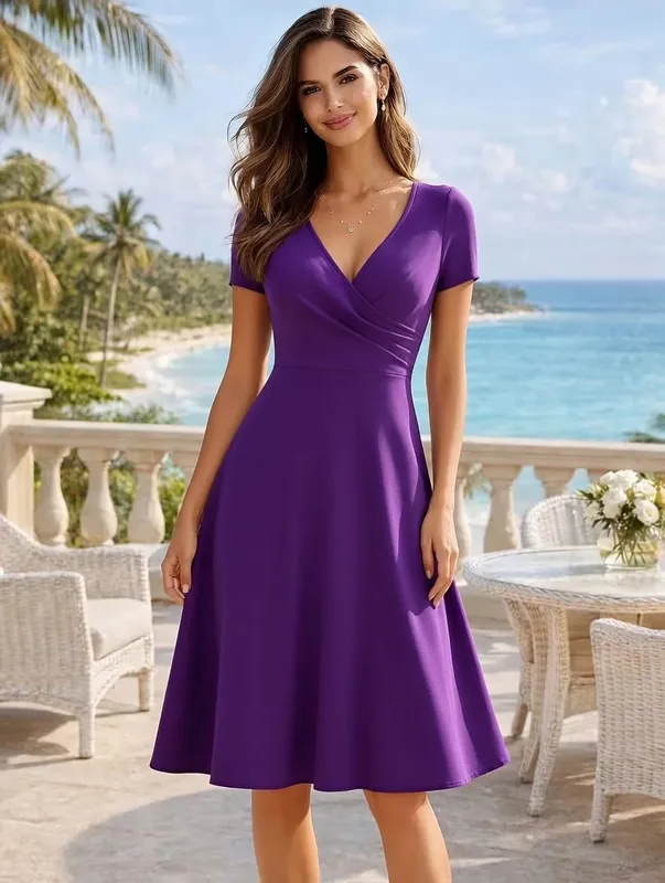 Women's Elegant Round Neck Summer Short Sleeve Solid A-Line Knee-length Dress High Waist Swagger Party Wedding Casual Departure