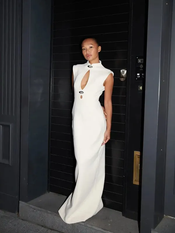 Women Solid Hollow Out Dresses Elegant Round Neck Full Sleeve Waisted Bodycon A-line Vestidos 2026 Lady Daily High Street Gowns — image 8