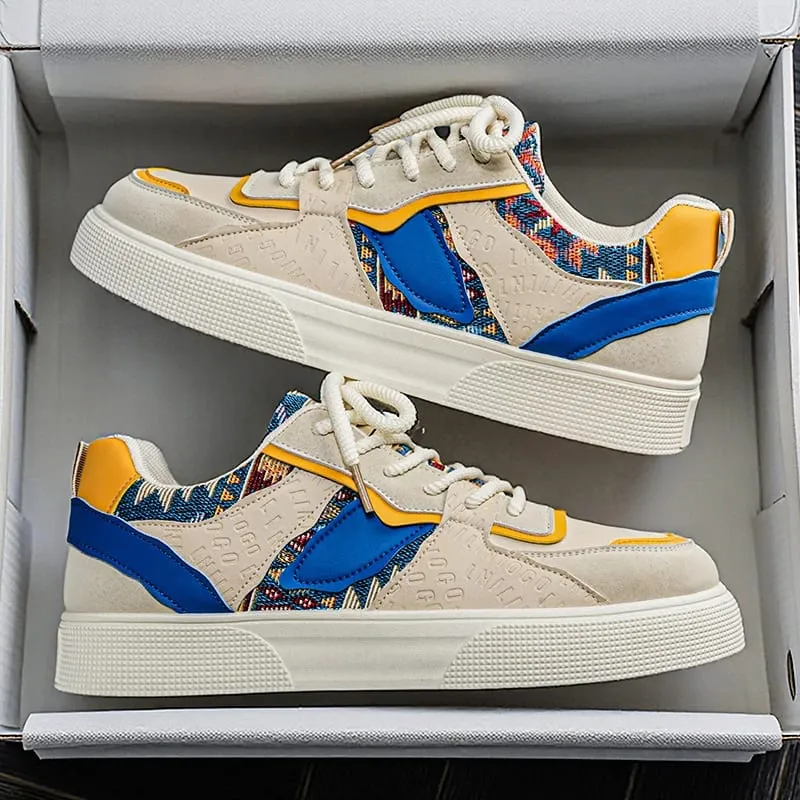 Men's Vintage Patchwork Platform Sneakers - Ethnic Tribal Print Low-Top Casual Shoes Retro Fashion Walking Sneakers for Men