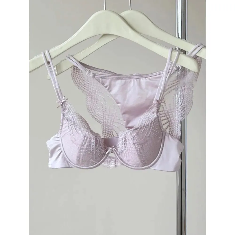 Half Cup Lingerie Set Women Thin Cup Push Up Soft Underwire Bra Panty Small Chest Gather Side Support Anti Sag Underwear 32‑38