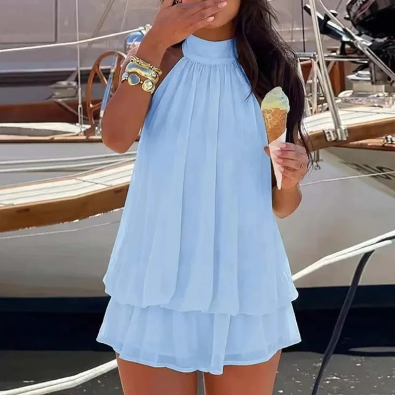 Sexy Women Chiffon Sleeveless Halter Backless Dress Lady Solid Color Tie Waist Slim Flared Dress Summer Beach Vacation Outfit
