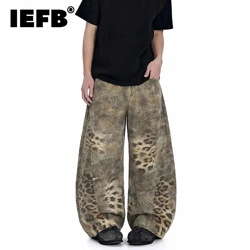 Avant-Garde Men's Jeans Leopard Print Gradient Oversized Wide Leg Fit High Street Loose Casual Denim Long Pants 9X2894