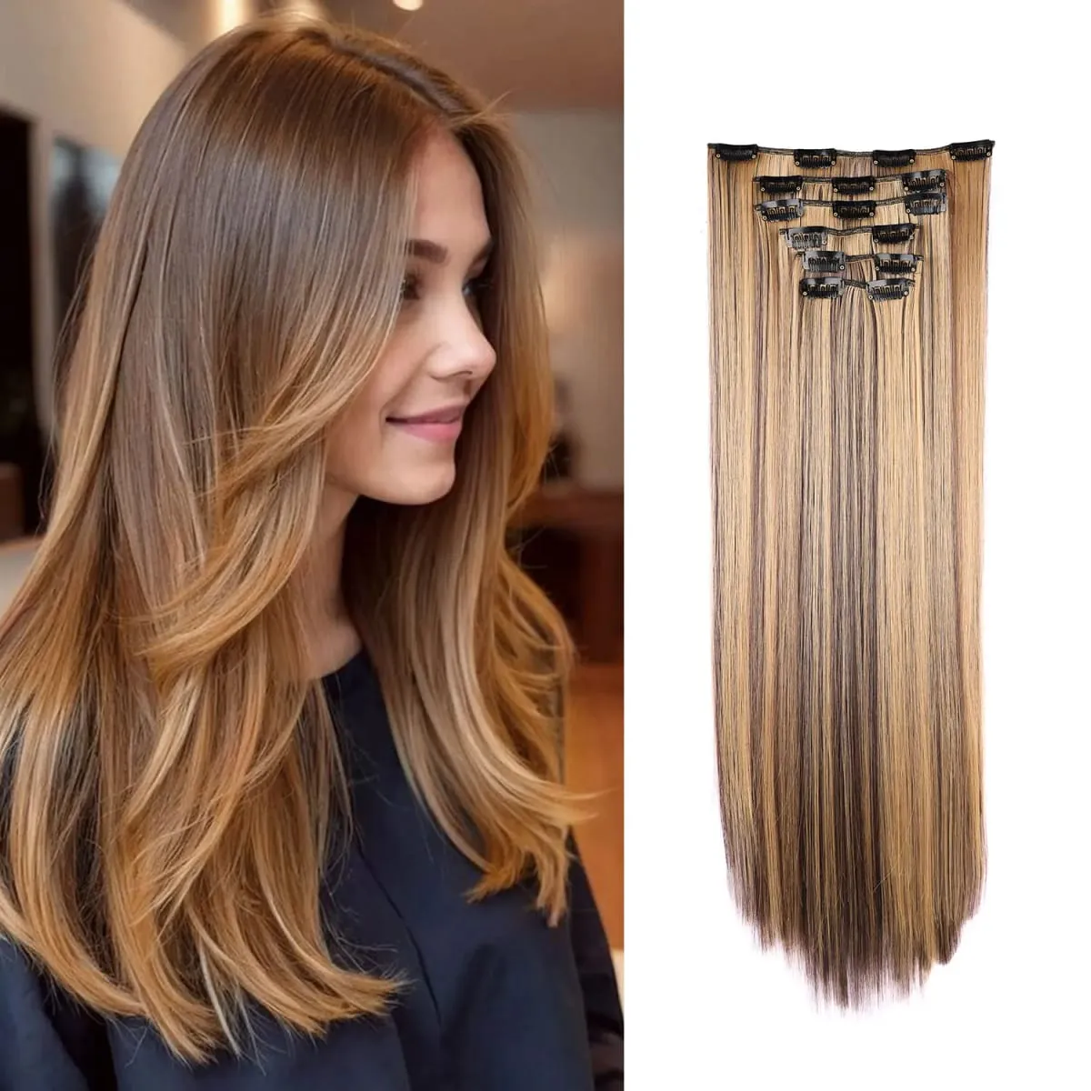 Synthetic Clip in Hair Extensions Clip in 6pcs set Straight Hair 22inch Thick Hairpieces for Women Girls Daily Party — image 9