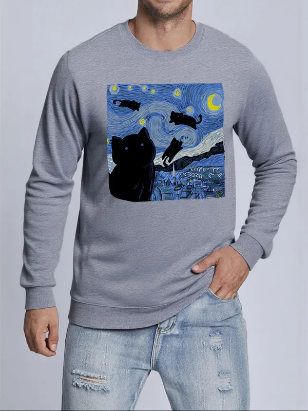 Van Gogh Starry Night Cat Printed Pullovers Unisex Thicken All-Match Sweatshirt Hip Hop Loose Hoodie Autumn Casual Sweatshirts