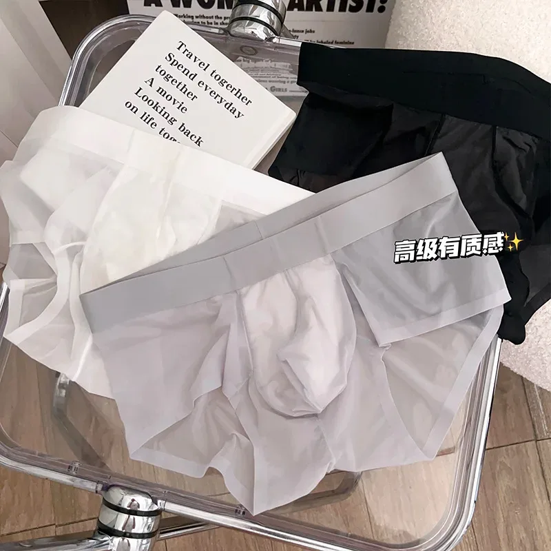 Slips transparents pour hommes Ultra-mince en soie glacée culotte à séchage rapide Sexy U poche bombée sous-vêtements pour hommes caleçons respirants Cuecas