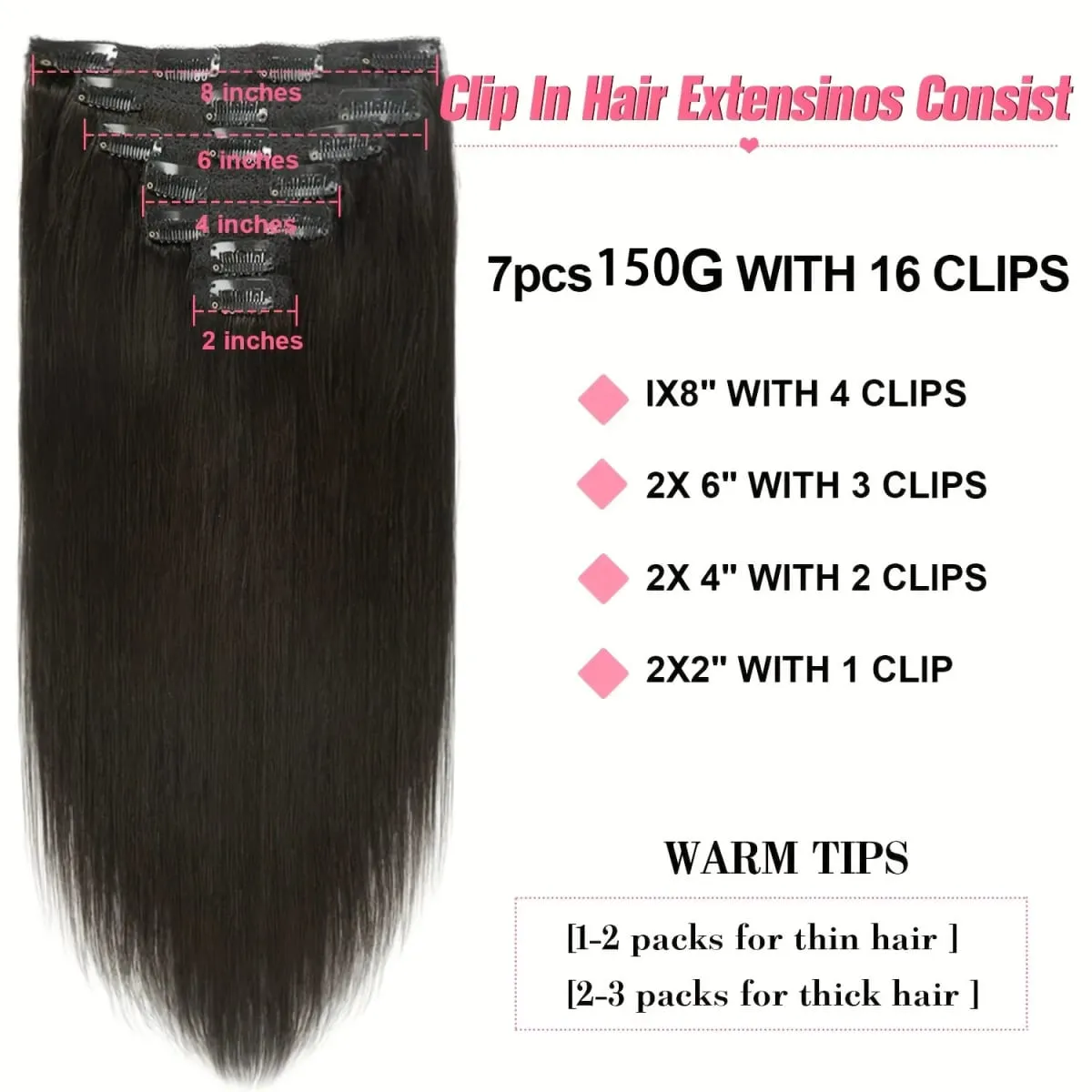 20" Straight Super Long 7pcs Set Thick Clip in on Hair Extensions Straight Full Head Black for Women Synthetic Hair