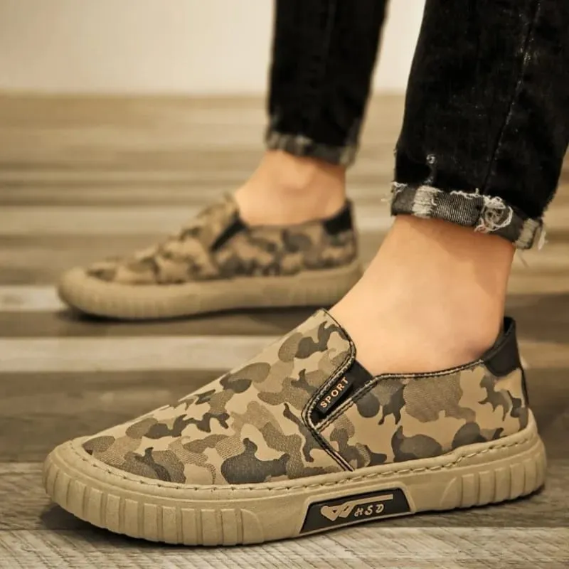Summer Camouflage Canvas Men's Casual Shoes Men's Sneakers Slip-On Lazy Sporty Shoes for Man Breathable Round Toe Light Flats