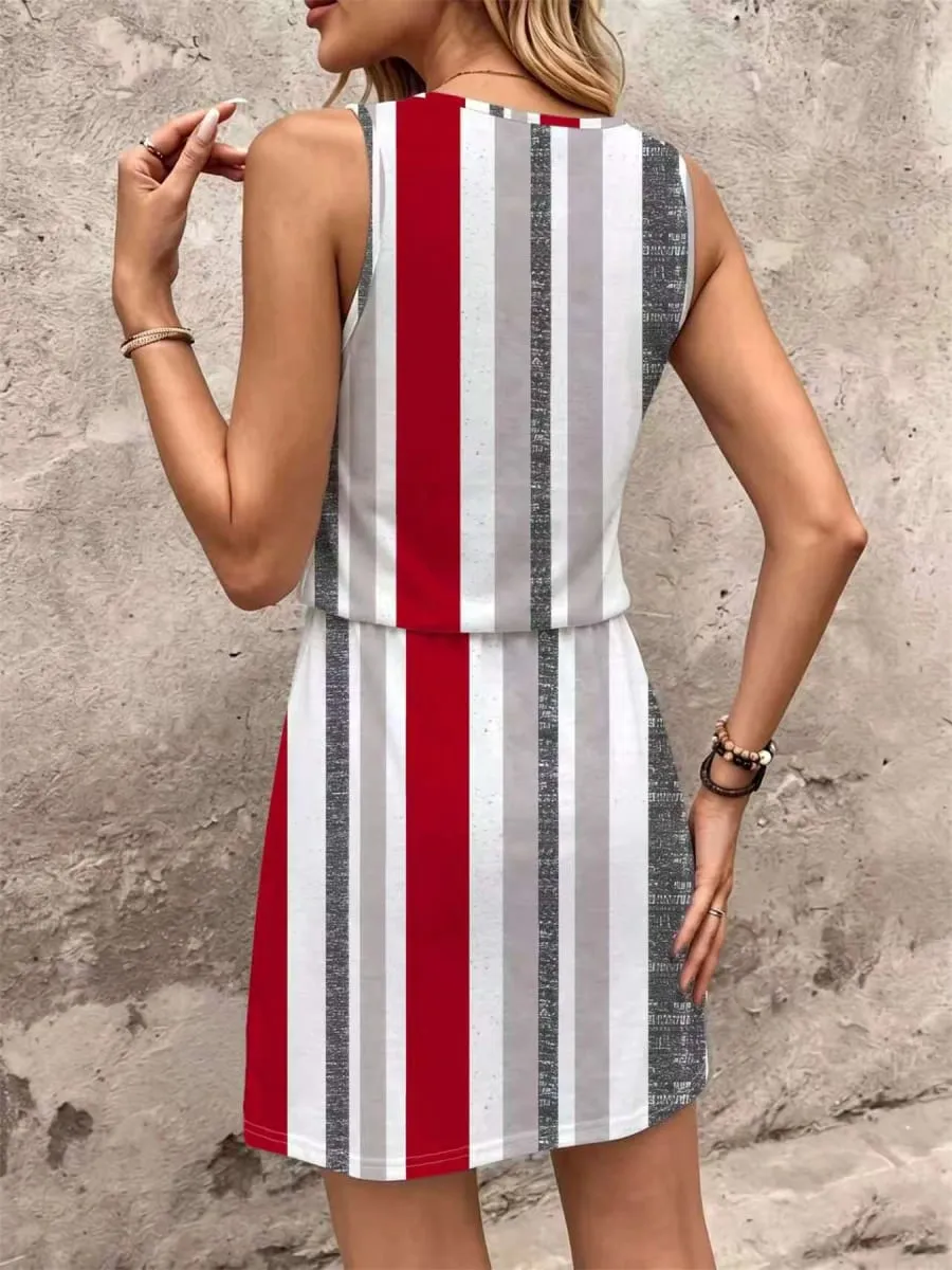Summer Style Red White and Gray Striped Print Drawstring Waist Sleeveless Dress Suitable for Women's Beach Vacation Dresses