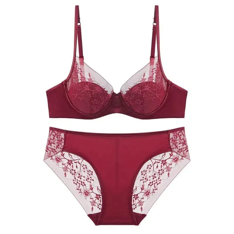 Women Lace Lingerie Set Thin Cup Minimizer Bra Panty Kit Full Coverage Breathable Intimates for Big BustFashion Daily Underwear