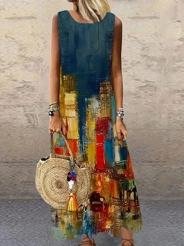 Vintage Floral Printed Women Sleeveless Sundress Summer Loose Casual Beach Long Dress Ladies Bohemia Maxi Dresses Party Vestidos