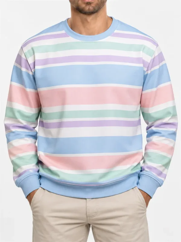 Moletom masculino listrado vintage, gola redonda, casual, manga comprida, pulôver, bloco de cores, outono, moda diária, top clássico