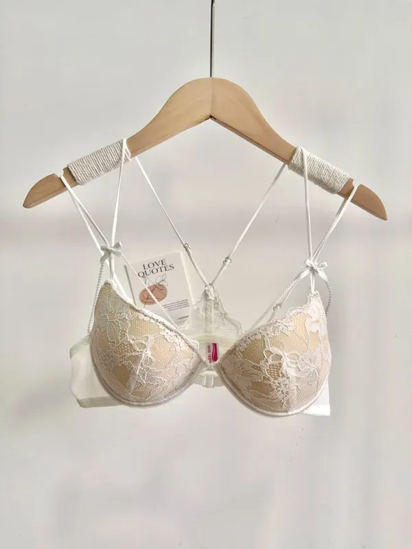 Minimal Romantic Coquette Lace Front Clasp Bra Set Wirefree Ultra Thin Straps Beauty Back Small Bust Create Curvy Lookr MOYISU