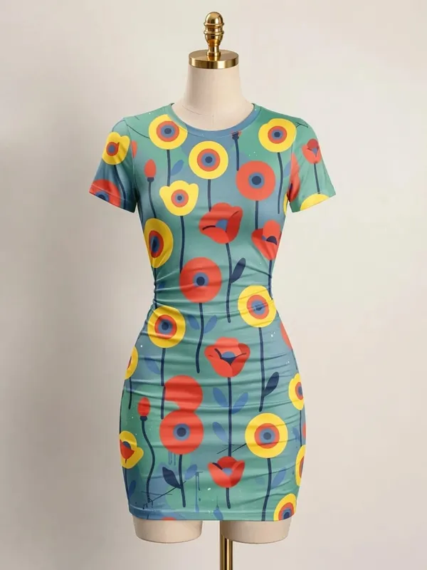 Womens Short Sleeve Bodycon Mini Dress Slim Fit Crew Neck Floral Print Casual Summer Party Flattering Lightweight Party Sundress — image 11