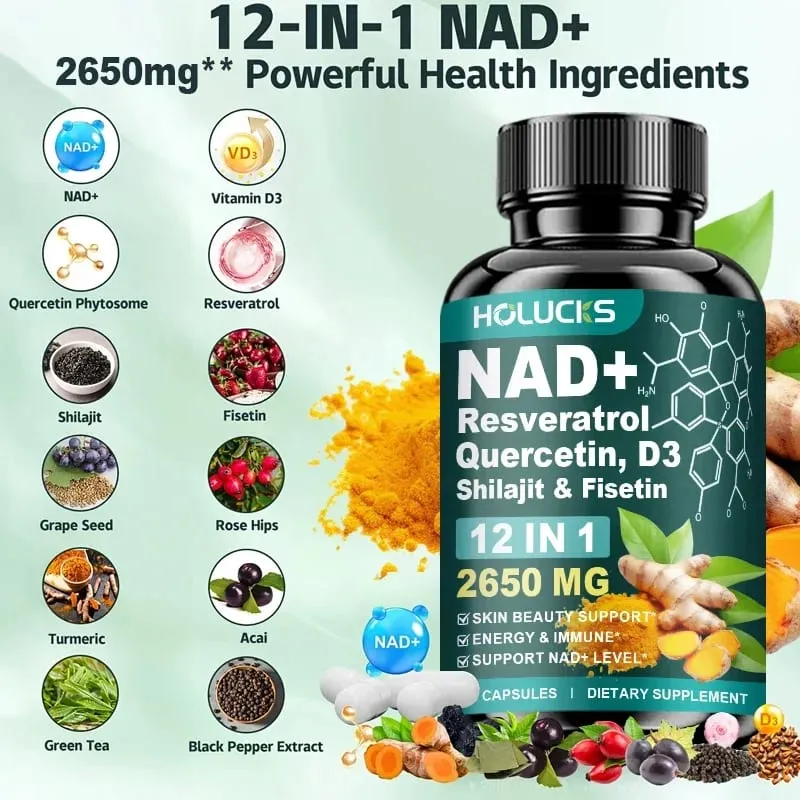 12-in-1 NAD+ Capsules with Turmeric Grape Seed Support Energy Production Digestive Comfort & Immune Function for Active Women